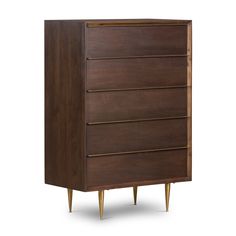 Pendent 5 Drawer Dresser chesnut brown walnut wood stainless steel gold accents modern design main view 5 Drawer Dresser, Tall Dresser, Stainless Steel Legs, Modern Dresser, High Fashion Home, Dressers And Chests, Burke Decor, Walnut Veneer, Drawer Dresser