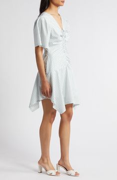 A ruched front and floaty handkerchief hem further the everyday appeal of this lightweight cotton dress. 36" length (size medium) Hidden back-zip closure V-neck Short sleeves Lined 100% cotton Dry clean Imported Handkerchief Hem, Striped Dress, Cotton Dresses, Short Sleeves, Nordstrom, V Neck, Blue