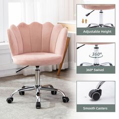 an office chair with wheels and footrests is shown in three different positions, including the