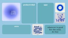 an image of four different kinds of stickers on a blue background with the words kind people are for the soul, do that