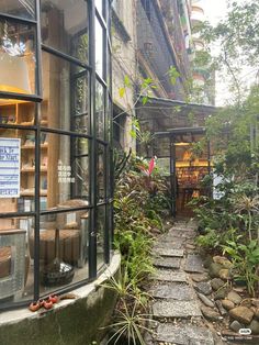 an alley way with lots of plants and pots in front of the storefront window