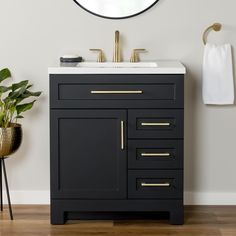 a bathroom vanity with a mirror above it and a potted plant next to it