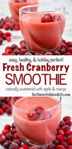 fresh cranberry smoothie with apples and mangos in glasses on a table