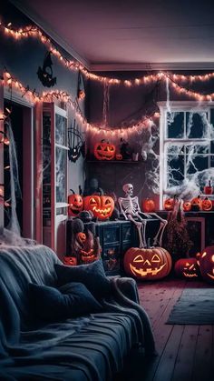 a living room filled with lots of halloween decorations