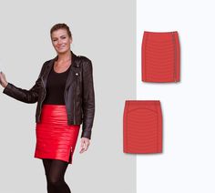 a woman in a red skirt and black jacket holding a cell phone with both hands