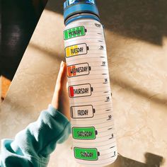 a person holding up a water bottle that has stickers on the side of it