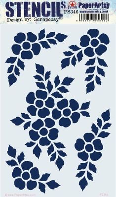 the stencil design is shown with blue flowers and leaves