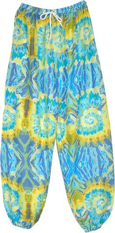 A fresh style in harem pants that looks like an artistic tie-dye, but it's actually the print effect - the colors are mainly aqua blue, yellow and lime green in a splashy style tie-dye print.  These soft and free flowing rayon pants has one pocket on the right side. #tlb #SplitSkirtsPants #beachwrap #Printed #SummerPants #BeachPants Blue Harem Pants For Spring Vacation, Blue Harem Pants For Beach In Spring, Spring Beach Green Harem Pants, Multicolor Harem Pants For Spring Vacation, Blue Harem Pants Loosely Fitted For Summer, Blue Summer Harem Pants With Elastic Waistband, Summer Green Harem Pants With Elastic Waistband, Yellow Cotton Harem Pants For Spring, Green Harem Pants With Elastic Waistband For Beach