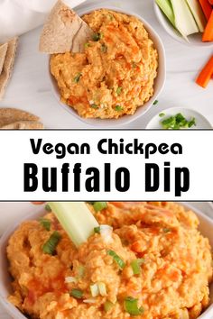 This easy buffalo chickpea dip is so delicious and can be made within 10 minutes! It is a vegetarian and dairy-free version of the classic buffalo chicken dip, yet you won't believe how creamy, rich and flavorful it is! Perfect for game day, family gatherings, spreading in wrap sandwiches and much more. Vegan Buffalo Chicken Dip, Vegan Buffalo Dip, Vegan Buffalo Chicken, Dip Vegan, Buffalo Dip, Healthy Appetizer, Vegan Junk Food, Plant Based Snacks