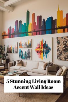 a living room with colorful paintings on the wall