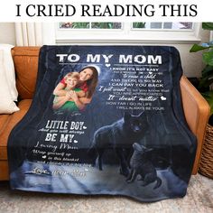 a blanket that says to my mom with an image of a wolf and her baby