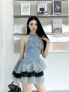 Denim Halter Dress with Flowy Tulle Skirt Denim And Tulle, Knee High Boots Flat, Night Dress, Lingerie Set, Denim Dress, Tulle Skirt, Halter Dress, Casual Dresses, Night Out