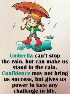 a girl with an umbrella standing in the rain, saying umbrella can't stop the rain, but can make us stand in the rain