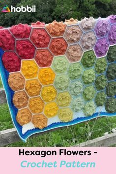 the hexagon flowers crochet pattern is on display in front of a fence