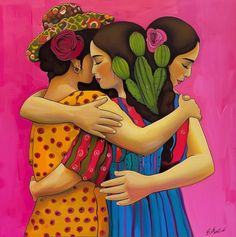 two women hugging each other in front of a pink background with flowers on their heads