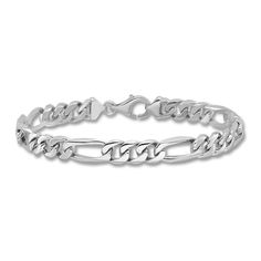 Versatile and stylish, bold solid figaro links join together to form this handsome 7.0mm men's bracelet. Crafted in 14K white gold, the 8-inch curb chain secures in place with a lobster clasp. Modern Bracelets With Rectangular Figaro Chain Links, Modern Figaro Chain Bracelet, Classic Figaro Chain Bracelets, Modern Link Bracelets With Figaro Chain, Formal Silver Bracelet With Figaro Chain, Modern Figaro Chain Bracelet With Rectangular Links, Modern Silver Bracelet With Figaro Chain, Modern Figaro Chain Bracelets, Classic Silver Figaro Chain Bracelet