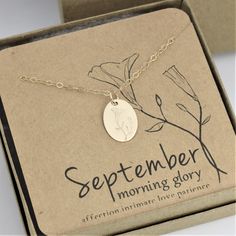 Birth Flower necklace with Morning Glory Design for September birth month. This hand-drawn design on sterling silver keepsake jewelry is simple enough for everyday wear. This custom necklace is a perfect gift for Grandma, Mom or Daughter on her Birthday, for Christmas or Mother's Day. *Charm: 13mm by 18mm *Chain Selection: 16-24 inch *Handcrafted from sheet metal with secure connections *Satin Finish .925 Sterling Silver, 14/20 Rose Gold Filled or 14/20 Yellow Gold Filled *Boxed in simple Kraft Minimalist Birth Flower Jewelry For Birthday Gift, Minimalist Birth Flower Charm Necklace For Birthday, Minimalist Birth Flower Charm Necklace For Birthday Gift, Morning Glory Design, Keepsake Jewelry, Design Stamps, Morning Glory, Birth Month, Birth Flowers