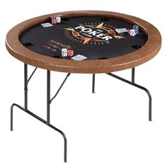 a wooden table with poker chips on it and a blackboard underneath the table top