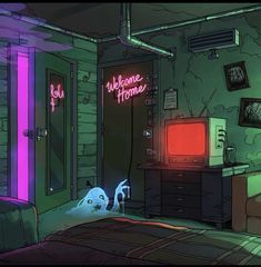 a bedroom with neon lights and a tv