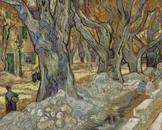 an image of a painting of trees in the park with rocks and grass on the ground