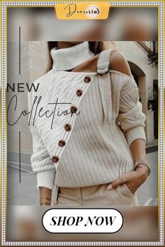 Long Sleeve Women's Knitwear Elegant Button Halter Knit Sweater Pullover Autumn Winter Strapless Pullover Winter Knit Tops With Buttons, Trendy Beige Sweater With Buttons, Beige Buttoned Tops For Winter, Trendy Winter Tops With Buttons, Fall Turtleneck Top With Buttons, Chic Knit Sweater With Buttons, Winter Turtleneck Sweater With Buttons, Chic Winter Top With Buttons, Winter Knit Sweater With Hollow-out Details