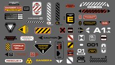 various warning signs and stickers on a gray background