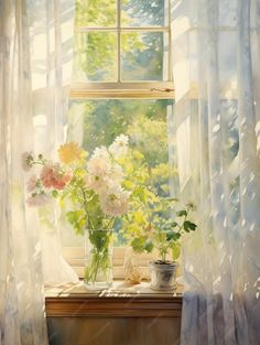 a painting of flowers sitting on a window sill in front of a curtained window