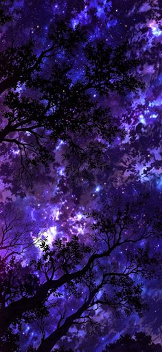 the night sky is filled with stars and purple hues as well as many trees