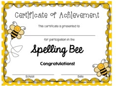 a certificate with two bees on it and the words spelling bee congratulations written in black ink