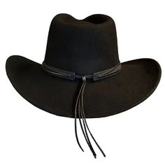 4" Pinchfront Crown 3" Brim (No Wire) Black Faux Leather Hatband with Double Black Cord Overlay Silvertoned metal Accents Black Back Tassel 100% Soft Wool Felt Crushable Quick to impress, the "High Tail" Soft Wool Felt Cowboy Hat by Deadwood Trading Company seamlessly blends rugged style with modern functionality. Crafted with meticulous attention to detail, this hat captures the essence of Western aesthetics. The 4" pinchfront crown lends an air of authenticity, reminiscent of iconic cowboy sil Adjustable Felt Hat For Winter Country Events, Winter Rodeo High Crown Hat Bands, Adjustable Flat Brim Felt Hat For Riding, Black Short Brim Hat For Riding, Black Felt Hat With High Crown For Western-themed Events, Black High Crown Felt Hat For Western-themed Events, Western Style High Crown Hat Band For Winter, Adjustable Top Hat For Western-themed Winter Events, Black Felt Hat For Western-themed Events