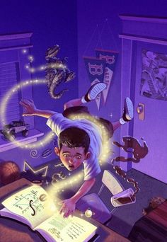 a young boy is reading a book in his room with dinosaurs and other toys around him