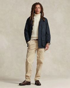 Corduroy point collar.Throat latch with a snapped closure.Two-way, full-zip front.Snapped storm placket.Long raglan sleeves with reinforced elbow patches.Snapped barrel cuffs.Ventilating metal grommets at the underarms.Two chest angled pockets.Two front waist cargo pockets.Interior chest pocket.Two interior waist pockets.Leather details at the pockets.Double vent with concealed snapped closures.Adjustable snapped tabs at the back waist.Leather 'Polo Ralph Lauren' patch with our signature Pony at Men Store, Car Coat, Oil Cloth, Elbow Patches, Lower Body, Polo Ralph Lauren Mens, Upper Body, Cashmere Sweaters, Raglan Sleeve