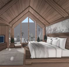 an artist's rendering of a bedroom with wood paneling and white bedding