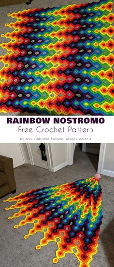 the rainbow rug is made out of crochet and has been placed on the floor