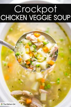 A ladle serving colorful chicken vegetable soup from a crockpot, filled with diced carrots, peas, chicken, and herbs in broth. Text above reads Crockpot Chicken Veggie Soup