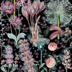 a painting of flowers and plants on a black background