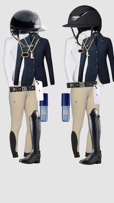 a horse rider's uniform and helmet are shown in two different poses, one is wearing