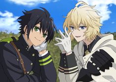 two anime characters standing next to each other in front of a blue sky and clouds