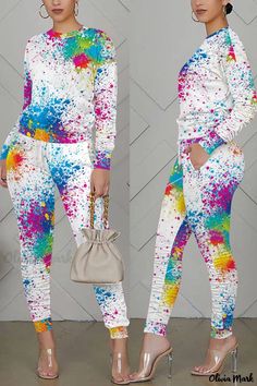 Olivia Mark - Chic Womens Blue Floral Patchwork Two-Piece Set with Elegant O-Neck and Long Sleeves White Long Sleeve Color Block Sets, Casual Blue Color Block Sets, Spring Multicolor Color Block Sets, Casual Multicolor Patchwork Sets, Spring Multicolor Patchwork Sets, Purple Fashion Casual, Jogger Pants Outfit, Chill Outfits, Casual Sportswear