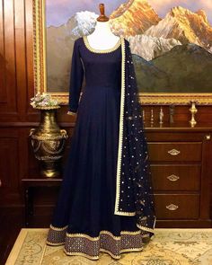 Gowns Dresses Indian, Blue Wedding Gowns, Yellow Wedding Dress, Silk Anarkali, Designer Anarkali Suits, Pakistani Party Wear, Indian Navy, Stitching Dresses