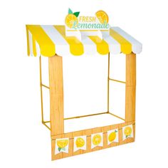 a lemonade stand with yellow and white awnings on it's sides