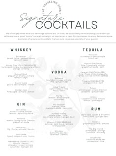 the menu for cocktails is shown in black and white, with flowers on it