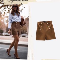 High-Waisted Shorts. Front Pockets. Metal False Buttons At Front. Side Hidden In-Seam Zip Closure. Outer Shell 68% Polyester 29% Viscose 3% Elastane Lining 100% Polyester Chic High Waist Pants With Built-in Shorts, Brown Shorts For Workwear, Brown Workwear Shorts, Trendy Workwear Pants With Built-in Shorts, Trendy Short Pants For Fall, Trendy Short Fall Pants, Trendy Short Length Fall Pants, Chic Office Shorts, Chic Brown Mid-rise Bottoms