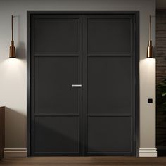 two black doors in an empty room with wooden flooring and wall lamps on either side