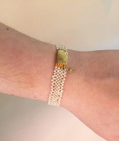 For Sale on 1stDibs - The classic Marina J design woven 1mm pearl bracelet fits delicately on the wrist, yet the weave is doubles stranded for durability. The lace-like design J Design, Wide Bracelet, Seed Pearl, Pearl Bracelet, Vintage Gold, Wedding Jewelry, Weaving, Beaded Bracelets, Bracelet