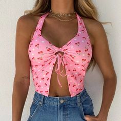 E Girl Clothes, Lingerie Design, Y2k Aesthetic Outfits, Top Halter, Pink Cherry, Womens Cami, Halter Tops, Next Clothes, Cherry Print