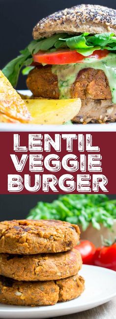 lentil veggie burger with lettuce, tomato and cheese on top