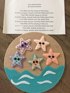 a paper plate with five starfishs on it next to a piece of paper