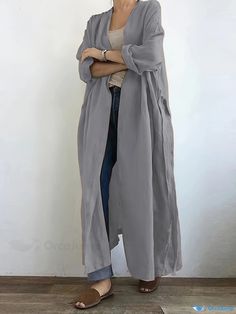 Orcajump - Solid Open Front Belted Overcoat, Versatile Long Sleeve Pockets Maxi Length Coat , Women's Clothing Long Gray Outerwear With Pockets, Gray Long Outerwear With Pockets, Long Solid Outerwear With Pockets, Long Outerwear With Pockets, Summer Open Front Solid Color Outerwear, Gray Outerwear For Spring, Casual Long Non-stretch Outerwear, Gray Solid Color Outerwear For Spring, Long Non-stretch Casual Outerwear