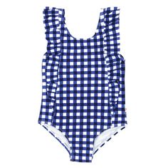 Girl's "Too Sweet" Ruffle One-Piece Swimsuit - "Navy Gingham" – SwimZip® UPF 50+ Sun Protective Swimwear & UV Zipper Rash Guards Playful Ruffled Swimwear For Summer, Gingham Swimwear For Sunbathing During Beach Season, Spring Gingham Swimwear For Sunbathing, Gingham Swimwear For Sunbathing In Spring, Playful Gingham Swimwear For Spring, Summer Gingham Swimwear With Ruffles, Gingham Ruffled Swimwear For Poolside, Gingham Swimwear With Ruffles For Poolside, Gingham Ruffled Swimwear For Vacation